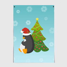 Постер с принтом Новогодний пингвинчик в Екатеринбурге, 100% бумага
 | бумага, плотность 150 мг. Матовая, но за счет высокого коэффициента гладкости имеет небольшой блеск и дает на свету блики, но в отличии от глянцевой бумаги не покрыта лаком | елка | новый год | пингвин