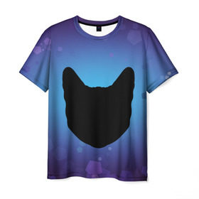 Мужская футболка 3D с принтом Силуэт черной кошки в Екатеринбурге, 100% полиэфир | прямой крой, круглый вырез горловины, длина до линии бедер | Тематика изображения на принте: кошка | силуэт | синий | фиолетовый | черный
