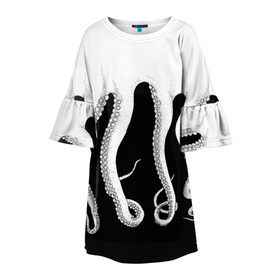 Детское платье 3D с принтом Octopus в Екатеринбурге, 100% полиэстер | прямой силуэт, чуть расширенный к низу. Круглая горловина, на рукавах — воланы | Тематика изображения на принте: octopus