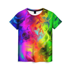 Женская футболка 3D с принтом Красочное безумие в Екатеринбурге, 100% полиэфир ( синтетическое хлопкоподобное полотно) | прямой крой, круглый вырез горловины, длина до линии бедер | кислота | радуга | разноцветный | яркий