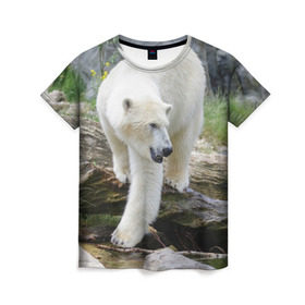 Женская футболка 3D с принтом Белый медведь в Екатеринбурге, 100% полиэфир ( синтетическое хлопкоподобное полотно) | прямой крой, круглый вырез горловины, длина до линии бедер | арктика
