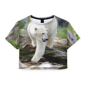 Женская футболка 3D укороченная с принтом Белый медведь в Екатеринбурге, 100% полиэстер | круглая горловина, длина футболки до линии талии, рукава с отворотами | арктика