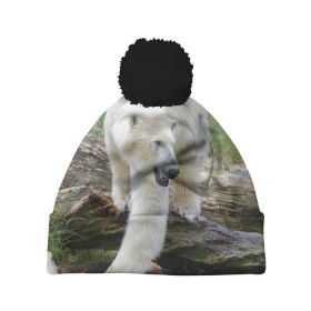 Шапка 3D c помпоном с принтом Белый медведь в Екатеринбурге, 100% полиэстер | универсальный размер, печать по всей поверхности изделия | арктика