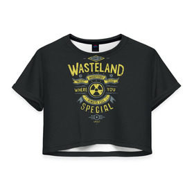 Женская футболка 3D укороченная с принтом Come to Wasteland в Екатеринбурге, 100% полиэстер | круглая горловина, длина футболки до линии талии, рукава с отворотами | atom | bomb | boy | fallout | radioactive | vault | wasteland | атом | бой | бомба | волт | мальчик | радиация | фоллаут | ядерная