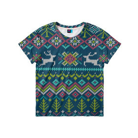 Детская футболка 3D с принтом Вязаный узор 6 в Екатеринбурге, 100% гипоаллергенный полиэфир | прямой крой, круглый вырез горловины, длина до линии бедер, чуть спущенное плечо, ткань немного тянется | ангел | ёлка | ель | зима | колокольчик | нг | новый год | олень | рождество | санта | свитер | снег