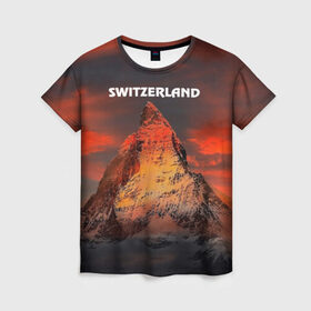 Женская футболка 3D с принтом Швейцария в Екатеринбурге, 100% полиэфир ( синтетическое хлопкоподобное полотно) | прямой крой, круглый вырез горловины, длина до линии бедер | switzerland | альпы | горы | заграница | отдых | отпуск | туризм | турист