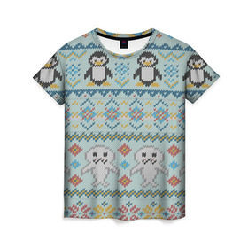 Женская футболка 3D с принтом Детский вязаный узор в Екатеринбурге, 100% полиэфир ( синтетическое хлопкоподобное полотно) | прямой крой, круглый вырез горловины, длина до линии бедер | зима | нг | новый год | рождество | свитер | снег