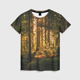 Женская футболка 3D с принтом Лес в Екатеринбурге, 100% полиэфир ( синтетическое хлопкоподобное полотно) | прямой крой, круглый вырез горловины, длина до линии бедер | forest | nature | sky | tree | деревья | лес | листья | небо | природа | сосны