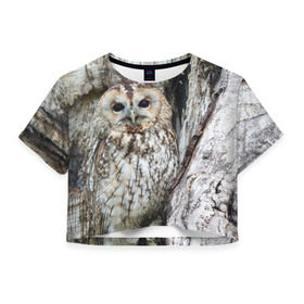 Женская футболка 3D укороченная с принтом Маскировка в Екатеринбурге, 100% полиэстер | круглая горловина, длина футболки до линии талии, рукава с отворотами | взгляд | глаза | дерево | лес | птица | сова | сосна | текстура | филин
