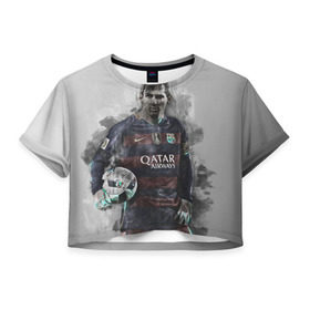 Женская футболка 3D укороченная с принтом Lionel Messi в Екатеринбурге, 100% полиэстер | круглая горловина, длина футболки до линии талии, рукава с отворотами | лионель | месси