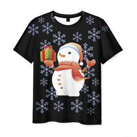 Мужская футболка 3D с принтом Снеговик с подарком в Екатеринбурге, 100% полиэфир | прямой крой, круглый вырез горловины, длина до линии бедер | 2017 | дед мороз | зима | новый год | снеговик