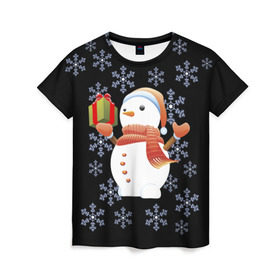 Женская футболка 3D с принтом Снеговик с подарком в Екатеринбурге, 100% полиэфир ( синтетическое хлопкоподобное полотно) | прямой крой, круглый вырез горловины, длина до линии бедер | 2017 | дед мороз | зима | новый год | снеговик