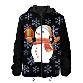 Мужская куртка 3D с принтом Снеговик с подарком в Екатеринбурге, ткань верха — 100% полиэстер, подклад — флис | прямой крой, подол и капюшон оформлены резинкой с фиксаторами, два кармана без застежек по бокам, один большой потайной карман на груди. Карман на груди застегивается на липучку | 2017 | дед мороз | зима | новый год | снеговик
