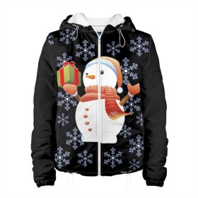 Женская куртка 3D с принтом Снеговик с подарком в Екатеринбурге, ткань верха — 100% полиэстер, подклад — флис | прямой крой, подол и капюшон оформлены резинкой с фиксаторами, два кармана без застежек по бокам, один большой потайной карман на груди. Карман на груди застегивается на липучку | 2017 | дед мороз | зима | новый год | снеговик