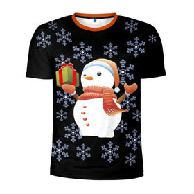 Мужская футболка 3D спортивная с принтом Снеговик с подарком в Екатеринбурге, 100% полиэстер с улучшенными характеристиками | приталенный силуэт, круглая горловина, широкие плечи, сужается к линии бедра | 2017 | дед мороз | зима | новый год | снеговик