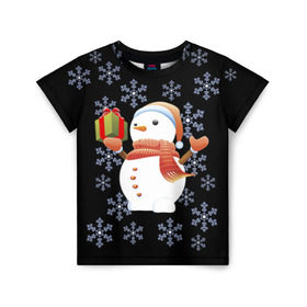 Детская футболка 3D с принтом Снеговик с подарком в Екатеринбурге, 100% гипоаллергенный полиэфир | прямой крой, круглый вырез горловины, длина до линии бедер, чуть спущенное плечо, ткань немного тянется | 2017 | дед мороз | зима | новый год | снеговик