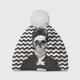 Шапка 3D c помпоном с принтом Мертвый модник в Екатеринбурге, 100% полиэстер | универсальный размер, печать по всей поверхности изделия | Тематика изображения на принте: bone | death | fashion | hipster | skelet | skull | кости | мода | скелет | темный | хипстер | череп