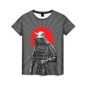 Женская футболка 3D с принтом Мертвый самурай в Екатеринбурге, 100% полиэфир ( синтетическое хлопкоподобное полотно) | прямой крой, круглый вырез горловины, длина до линии бедер | bone | japan | samurai | skelet | skull | warrior | воин | катана | кости | меч | самурай | скелет | череп | япония