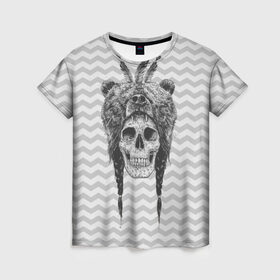 Женская футболка 3D с принтом Мертвый шаман в Екатеринбурге, 100% полиэфир ( синтетическое хлопкоподобное полотно) | прямой крой, круглый вырез горловины, длина до линии бедер | bear | bone | dark | magic | shaman | skelet | skull | witch | кости | маг | медведь | скелет | череп | шаман