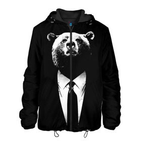 Мужская куртка 3D с принтом Медведь бизнесмен в Екатеринбурге, ткань верха — 100% полиэстер, подклад — флис | прямой крой, подол и капюшон оформлены резинкой с фиксаторами, два кармана без застежек по бокам, один большой потайной карман на груди. Карман на груди застегивается на липучку | animal | bear | beast | business | suit | бизнес | джентльмен | животное | зверь | медведь | смокинг