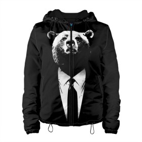 Женская куртка 3D с принтом Медведь бизнесмен в Екатеринбурге, ткань верха — 100% полиэстер, подклад — флис | прямой крой, подол и капюшон оформлены резинкой с фиксаторами, два кармана без застежек по бокам, один большой потайной карман на груди. Карман на груди застегивается на липучку | animal | bear | beast | business | suit | бизнес | джентльмен | животное | зверь | медведь | смокинг