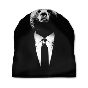 Шапка 3D с принтом Медведь бизнесмен в Екатеринбурге, 100% полиэстер | универсальный размер, печать по всей поверхности изделия | Тематика изображения на принте: animal | bear | beast | business | suit | бизнес | джентльмен | животное | зверь | медведь | смокинг