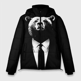 Мужская зимняя куртка 3D с принтом Медведь бизнесмен в Екатеринбурге, верх — 100% полиэстер; подкладка — 100% полиэстер; утеплитель — 100% полиэстер | длина ниже бедра, свободный силуэт Оверсайз. Есть воротник-стойка, отстегивающийся капюшон и ветрозащитная планка. 

Боковые карманы с листочкой на кнопках и внутренний карман на молнии. | animal | bear | beast | business | suit | бизнес | джентльмен | животное | зверь | медведь | смокинг