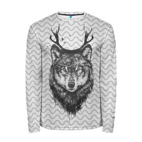 Мужской лонгслив 3D с принтом Рогатый волк в Екатеринбурге, 100% полиэстер | длинные рукава, круглый вырез горловины, полуприлегающий силуэт | animal | beast | deer | moon | rage | roar | wild | wolf | вой | волк | животное | зверь | луна | олень | рога