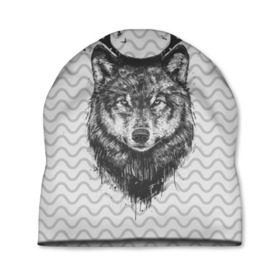 Шапка 3D с принтом Рогатый волк в Екатеринбурге, 100% полиэстер | универсальный размер, печать по всей поверхности изделия | animal | beast | deer | moon | rage | roar | wild | wolf | вой | волк | животное | зверь | луна | олень | рога