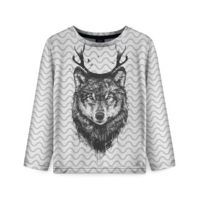 Детский лонгслив 3D с принтом Рогатый волк в Екатеринбурге, 100% полиэстер | длинные рукава, круглый вырез горловины, полуприлегающий силуэт
 | animal | beast | deer | moon | rage | roar | wild | wolf | вой | волк | животное | зверь | луна | олень | рога