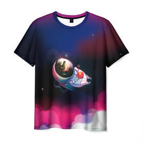 Мужская футболка 3D с принтом Ёжик в космосе в Екатеринбурге, 100% полиэфир | прямой крой, круглый вырез горловины, длина до линии бедер | в тумане | еж