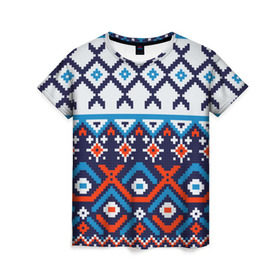 Женская футболка 3D с принтом Норвежские узоры в Екатеринбурге, 100% полиэфир ( синтетическое хлопкоподобное полотно) | прямой крой, круглый вырез горловины, длина до линии бедер | зима | нг | новый год | норвежские узоры | рождество | свитер | снег