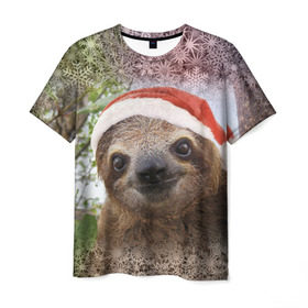 Мужская футболка 3D с принтом Рождественский ленивец в Екатеринбурге, 100% полиэфир | прямой крой, круглый вырез горловины, длина до линии бедер | джунгли | животное | ленивый | лень | новый год | рождество | снег | снежинки | тропики | улыбка | шапка
