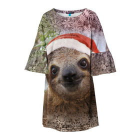 Детское платье 3D с принтом Рождественский ленивец в Екатеринбурге, 100% полиэстер | прямой силуэт, чуть расширенный к низу. Круглая горловина, на рукавах — воланы | джунгли | животное | ленивый | лень | новый год | рождество | снег | снежинки | тропики | улыбка | шапка