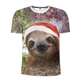 Мужская футболка 3D спортивная с принтом Рождественский ленивец в Екатеринбурге, 100% полиэстер с улучшенными характеристиками | приталенный силуэт, круглая горловина, широкие плечи, сужается к линии бедра | джунгли | животное | ленивый | лень | новый год | рождество | снег | снежинки | тропики | улыбка | шапка