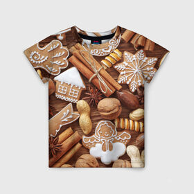 Детская футболка 3D с принтом Cinnamon в Екатеринбурге, 100% гипоаллергенный полиэфир | прямой крой, круглый вырез горловины, длина до линии бедер, чуть спущенное плечо, ткань немного тянется | выпечка | новый год | пряники | пряности | рождество