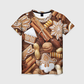 Женская футболка 3D с принтом Cinnamon в Екатеринбурге, 100% полиэфир ( синтетическое хлопкоподобное полотно) | прямой крой, круглый вырез горловины, длина до линии бедер | выпечка | новый год | пряники | пряности | рождество