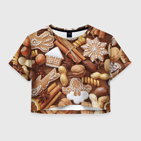 Женская футболка 3D укороченная с принтом Cinnamon в Екатеринбурге, 100% полиэстер | круглая горловина, длина футболки до линии талии, рукава с отворотами | выпечка | новый год | пряники | пряности | рождество