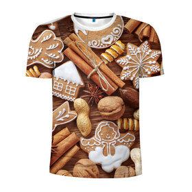 Мужская футболка 3D спортивная с принтом Cinnamon в Екатеринбурге, 100% полиэстер с улучшенными характеристиками | приталенный силуэт, круглая горловина, широкие плечи, сужается к линии бедра | выпечка | новый год | пряники | пряности | рождество