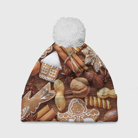 Шапка 3D c помпоном с принтом Cinnamon в Екатеринбурге, 100% полиэстер | универсальный размер, печать по всей поверхности изделия | выпечка | новый год | пряники | пряности | рождество