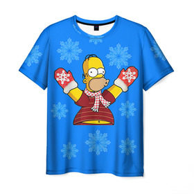 Мужская футболка 3D с принтом Симпсоны новогодние 2 в Екатеринбурге, 100% полиэфир | прямой крой, круглый вырез горловины, длина до линии бедер | Тематика изображения на принте: simpsons | барт | барт симпсон | гомер | гомер симпсон | новый год | симпсоны | снег | снежинки