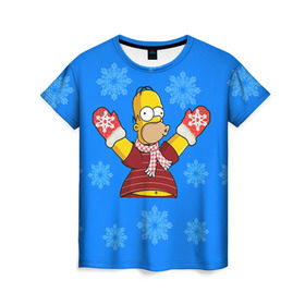 Женская футболка 3D с принтом Симпсоны новогодние 2 в Екатеринбурге, 100% полиэфир ( синтетическое хлопкоподобное полотно) | прямой крой, круглый вырез горловины, длина до линии бедер | simpsons | барт | барт симпсон | гомер | гомер симпсон | новый год | симпсоны | снег | снежинки