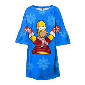 Детское платье 3D с принтом Симпсоны новогодние 2 в Екатеринбурге, 100% полиэстер | прямой силуэт, чуть расширенный к низу. Круглая горловина, на рукавах — воланы | Тематика изображения на принте: simpsons | барт | барт симпсон | гомер | гомер симпсон | новый год | симпсоны | снег | снежинки