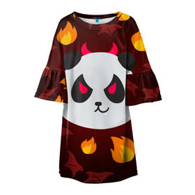 Детское платье 3D с принтом Панда дьяволенок в Екатеринбурге, 100% полиэстер | прямой силуэт, чуть расширенный к низу. Круглая горловина, на рукавах — воланы | Тематика изображения на принте: дьяволенок | красный | крылья | огонь | панда | рога