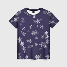Женская футболка 3D с принтом Снежная феерия (синий) в Екатеринбурге, 100% полиэфир ( синтетическое хлопкоподобное полотно) | прямой крой, круглый вырез горловины, длина до линии бедер | happy new year | блеск | ёлка | зима | конфетти | новый год | подарки | праздник | снег | снежинки