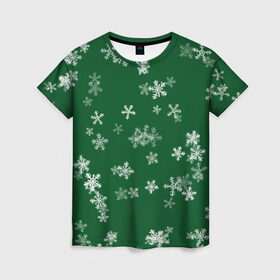 Женская футболка 3D с принтом Снежная феерия (зелёный) в Екатеринбурге, 100% полиэфир ( синтетическое хлопкоподобное полотно) | прямой крой, круглый вырез горловины, длина до линии бедер | happy new year | блеск | ёлка | зима | конфетти | новый год | подарки | праздник | снег | снежинки