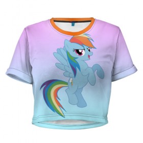 Женская футболка 3D укороченная с принтом Rainbowdash в Екатеринбурге, 100% полиэстер | круглая горловина, длина футболки до линии талии, рукава с отворотами | Тематика изображения на принте: mlp | pony | rainbowdash | raindbow dash | пони