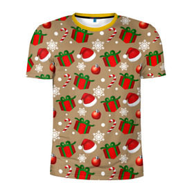 Мужская футболка 3D спортивная с принтом Рождество в Екатеринбурге, 100% полиэстер с улучшенными характеристиками | приталенный силуэт, круглая горловина, широкие плечи, сужается к линии бедра | дед мороз | леденец | новый год | рождество | снежинки