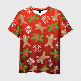 Мужская футболка 3D с принтом Новогодний узор в Екатеринбурге, 100% полиэфир | прямой крой, круглый вырез горловины, длина до линии бедер | новогодний узор | новый год | омела | пряничный человечек | снежинка | узор