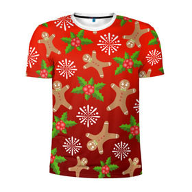 Мужская футболка 3D спортивная с принтом Новогодний узор в Екатеринбурге, 100% полиэстер с улучшенными характеристиками | приталенный силуэт, круглая горловина, широкие плечи, сужается к линии бедра | новогодний узор | новый год | омела | пряничный человечек | снежинка | узор